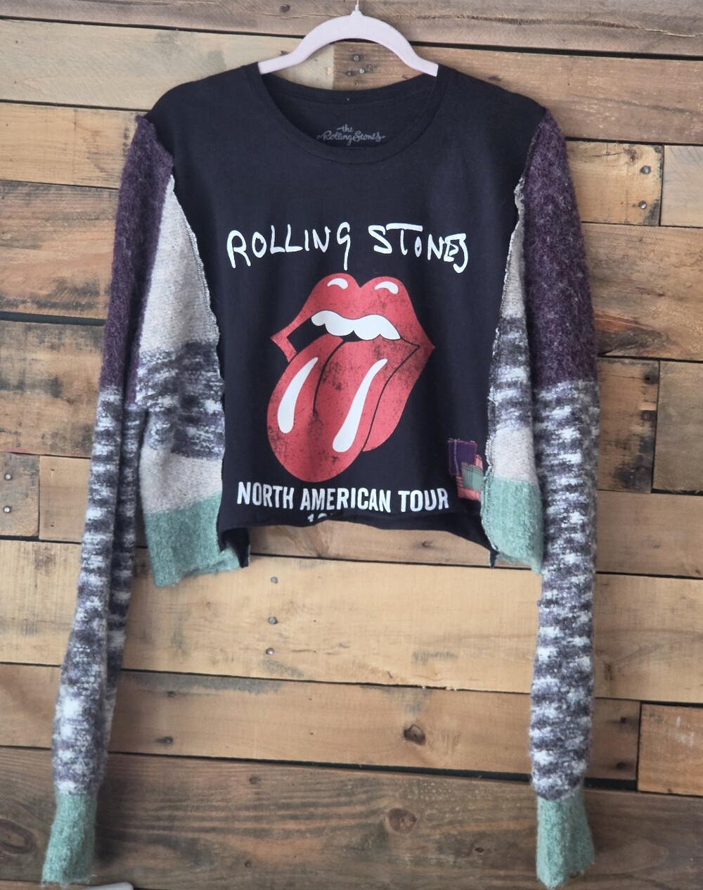 Upcycled the Rolling Stones Graphic Cropped T-shirt with Multicolor Sleeves
